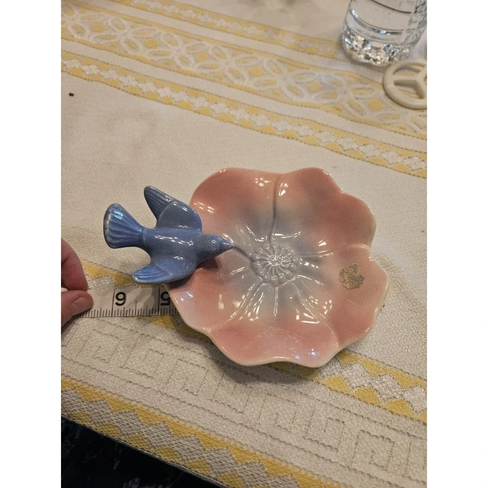 VINTAGE ROYAL COPLEY BLUE BIRD ON‎ PINK LOTUS FLOWER TRINKET SOAP DISH